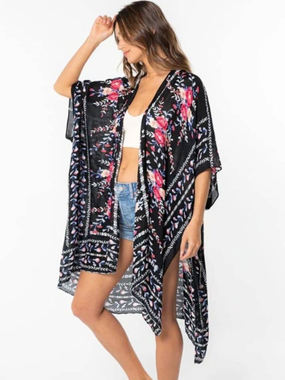 lovestitch Black Floral Open Front Kimono with Pink Roses